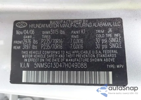 2007 Hyundai Santa Fe Gls z USA, uszkodzony, nr VIN 5NMSG13D47H049088